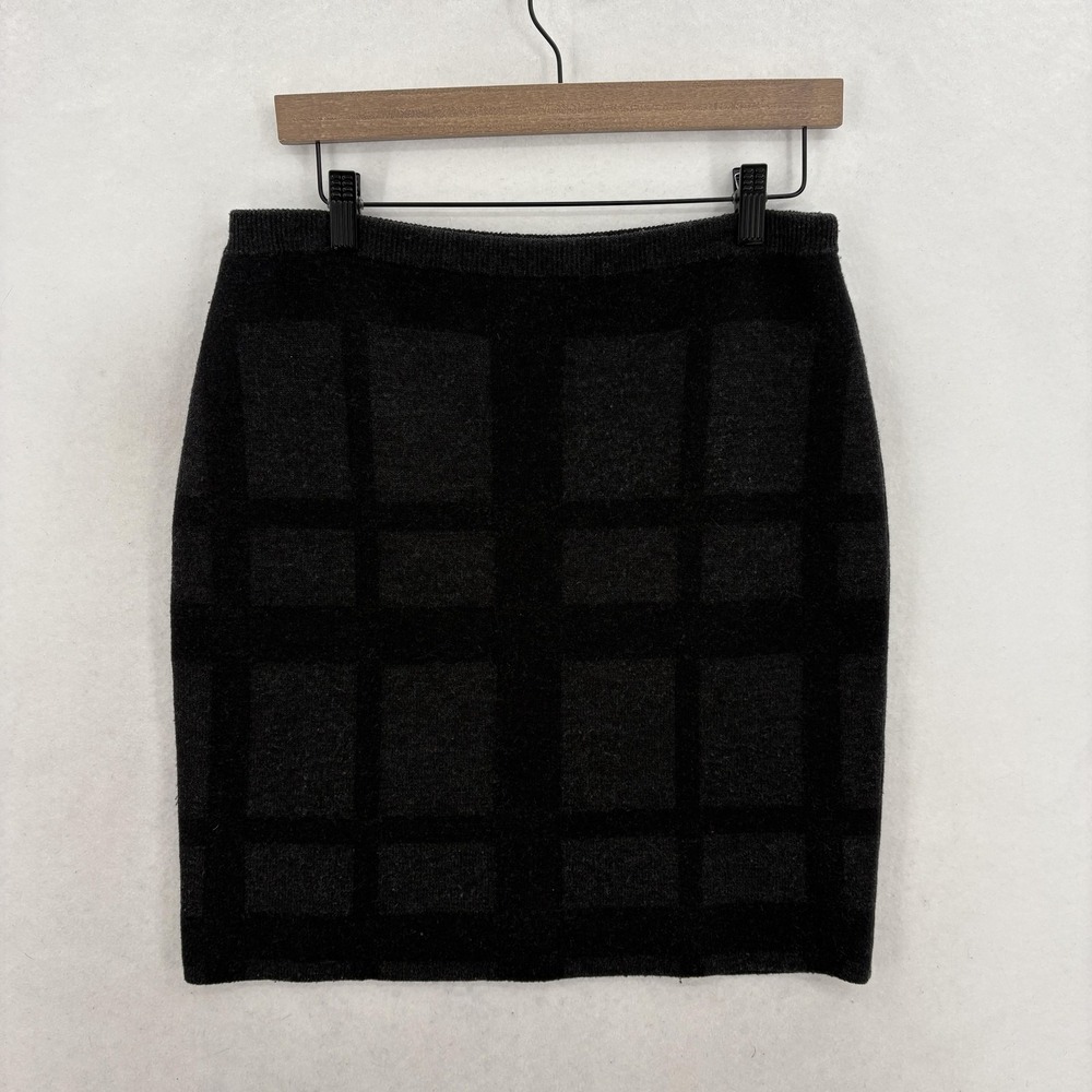 Eileen Fisher Skirt Womens Medium Gray Plaid Knit Merino Wool Pencil Stretch